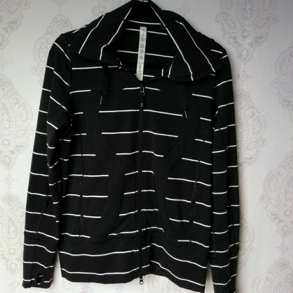 Black Stretch Zip-Up Hoodie with White Stripes